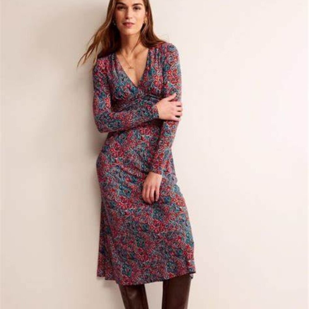 Boden Elodie Empire Midi Dress in Fiesta Orange Botanic Terrace -NWT
